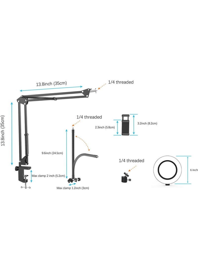 Overhead Camera Mount with Ring Light, Flexible Articulating Phone Arm Stand Compatible with iPhone, Logitech Webcam, Desk Tripod for YouTube Live Stream Cooking Nail Video Recording, USB - Image 2